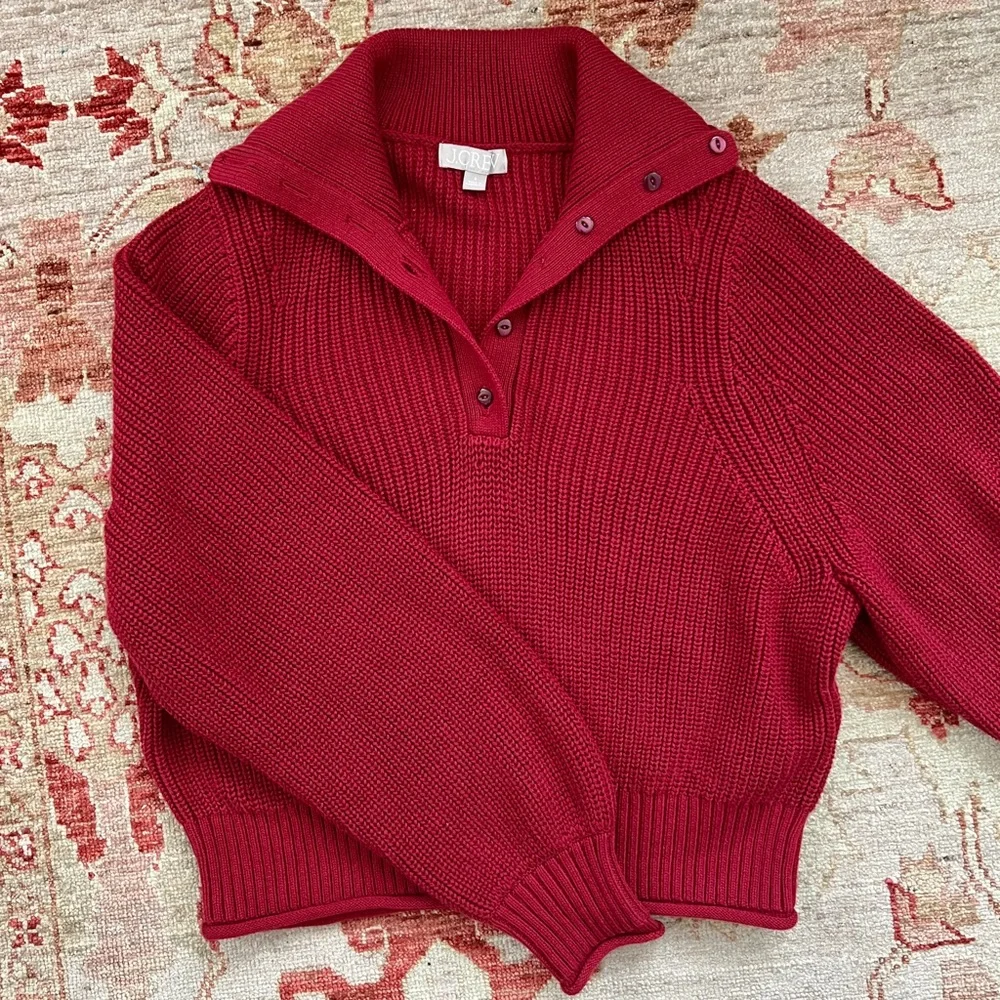 J Crew NWOT Womens Red Maroon Ribbed Cotton Button Collar Sweater Small - Picture 1 of 15